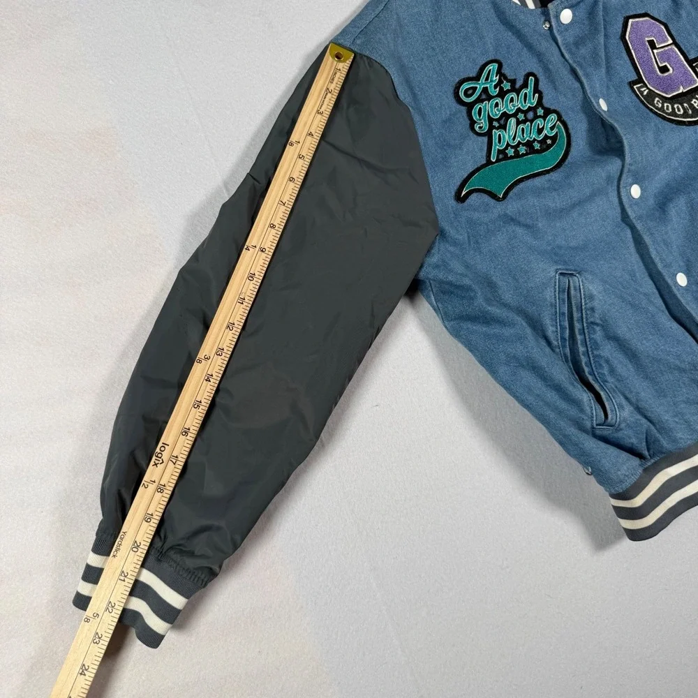 HM Mens Denim Varsity Jacket Blue Gray A Good Place Chenille Patch Bomber M